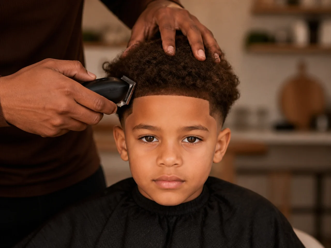 A boy with curly hair having the front trimmed at a kitchen table