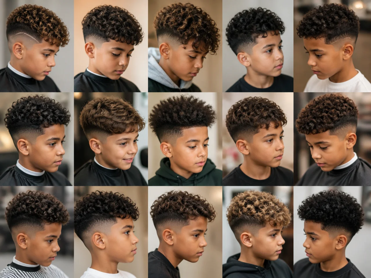 A grid of fifteen curly boys haircuts with different top shapes