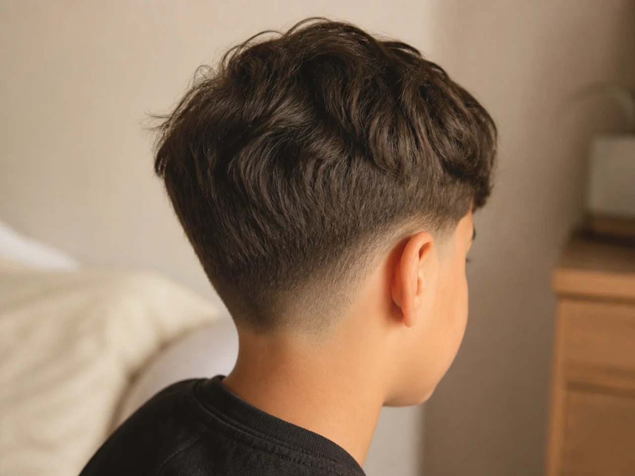 A boy's flattened hair after sleeping