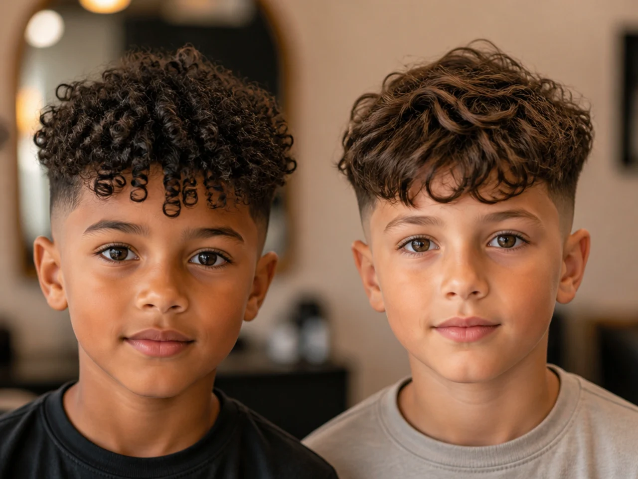 A curly fringe beside a wavy fringe on two boys