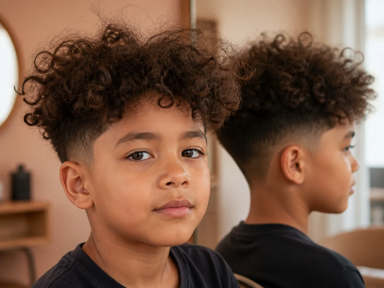 A boy with frizzy curls on a humid day