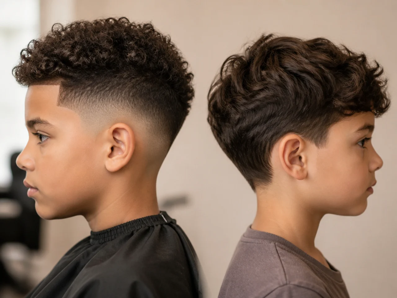 A faded haircut on curly hair beside a taper on wavy hair