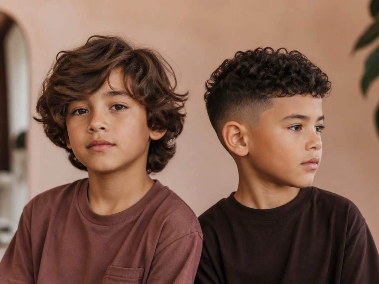 A wavy-haired boy with longer hair beside a curly-haired boy with short hair