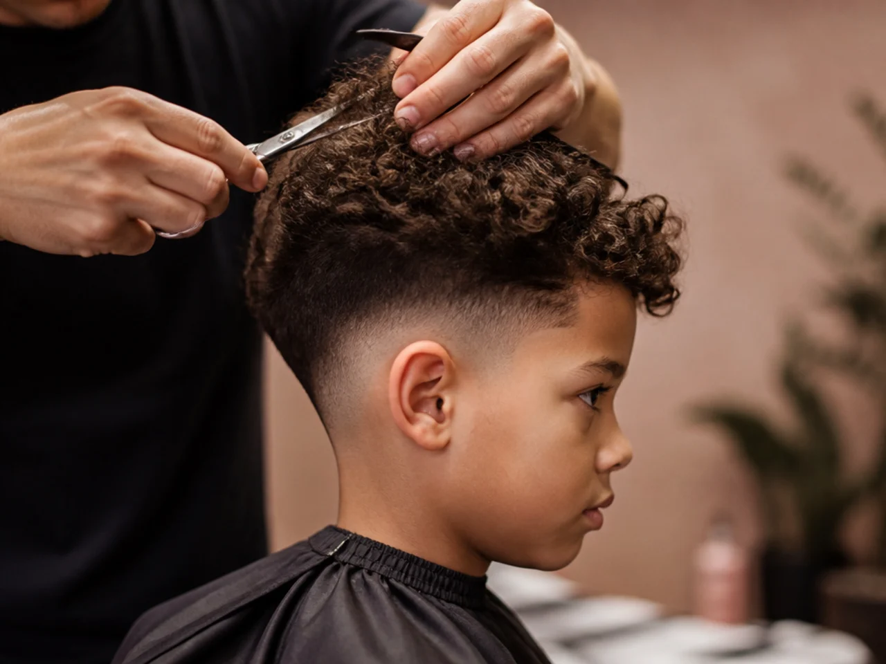 A barber dry cutting a boy's curly hair