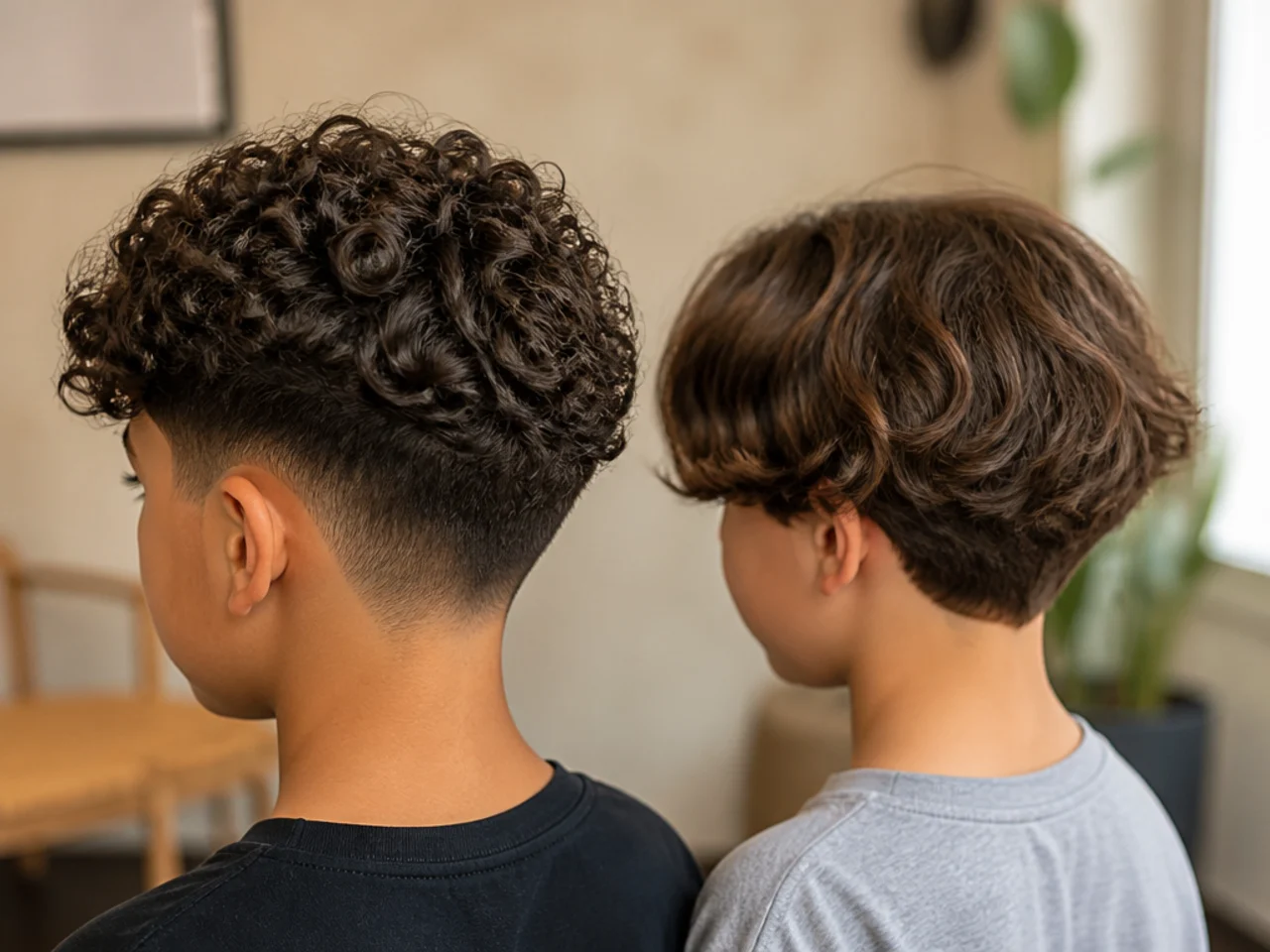 Layered curly hair beside blunt-cut wavy hair on two boys