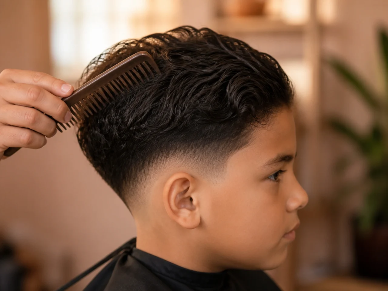 A wide-tooth comb passing through wavy hair