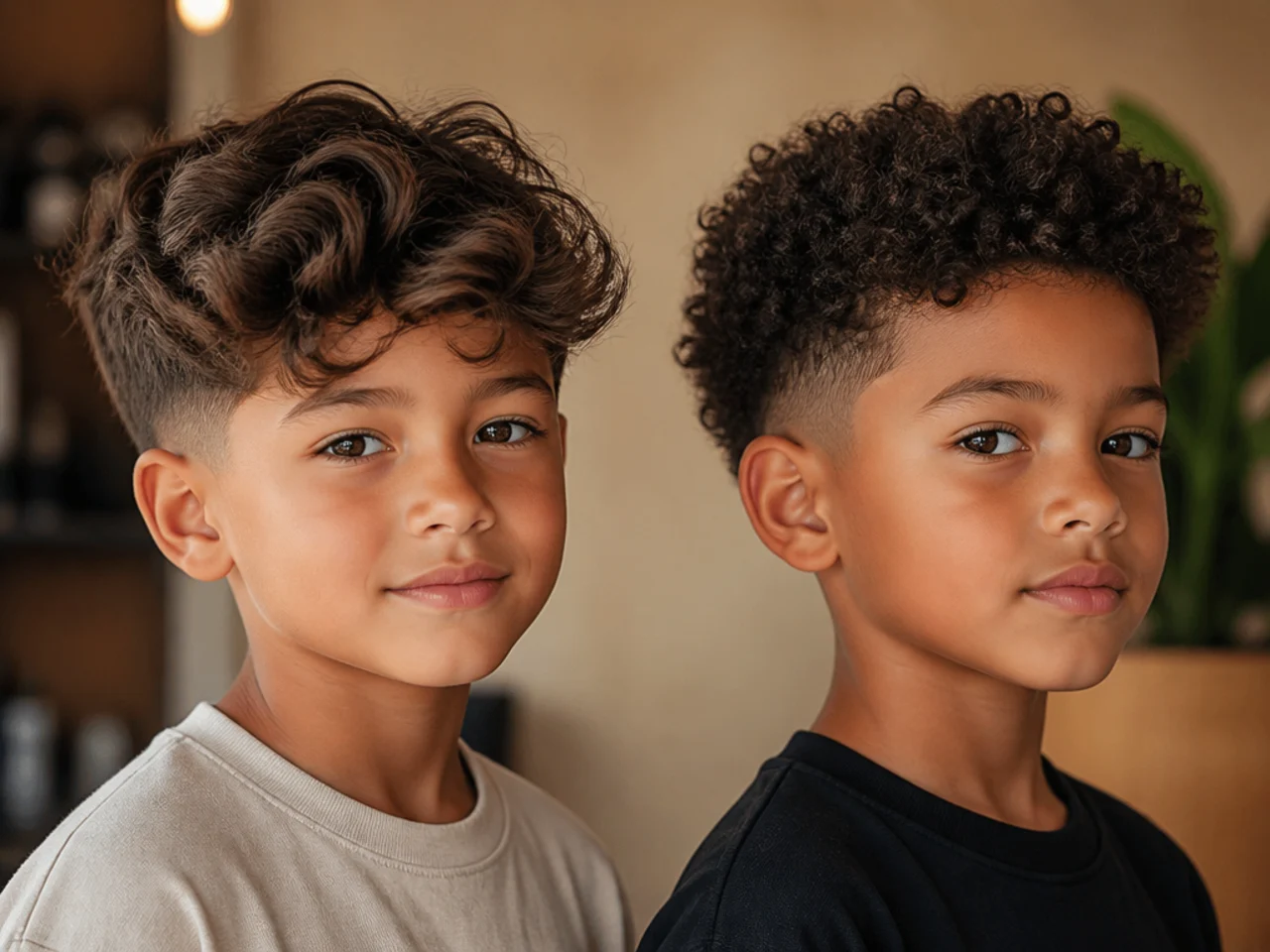 Side by side portraits of a wavy and a curly haired boy