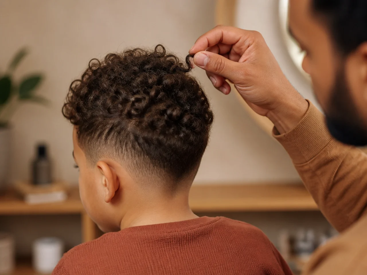 A parent examining a strand of a boy's air-dried hair