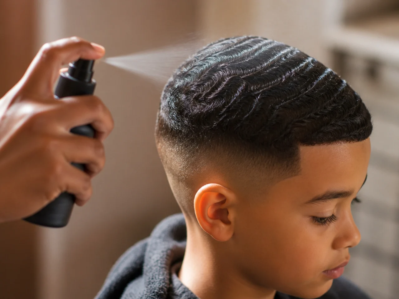 A parent refreshing a boy's waves with a water spray