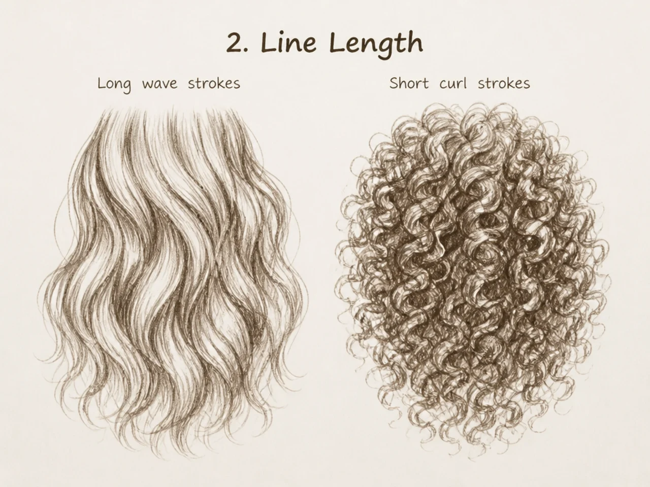 Long wave strokes beside short curl strokes