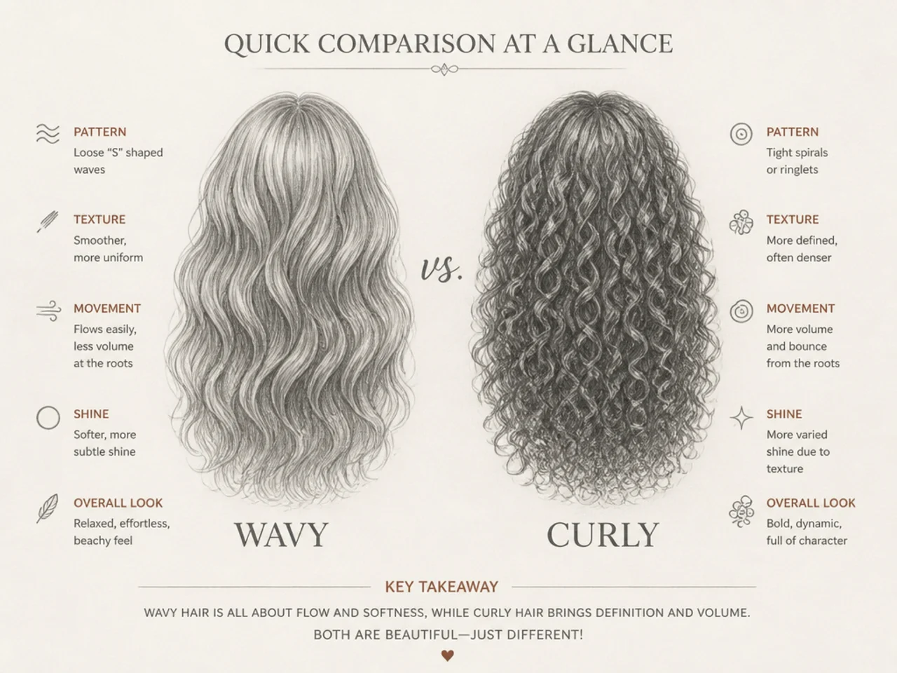 A comparison chart of wavy and curly drawing