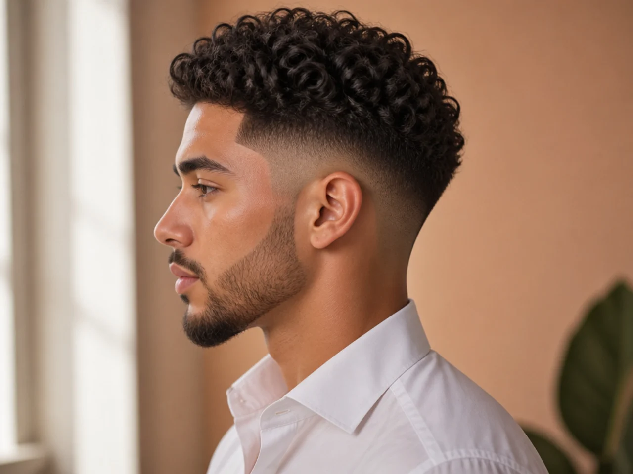 A man with neatly styled textured hair in a shirt