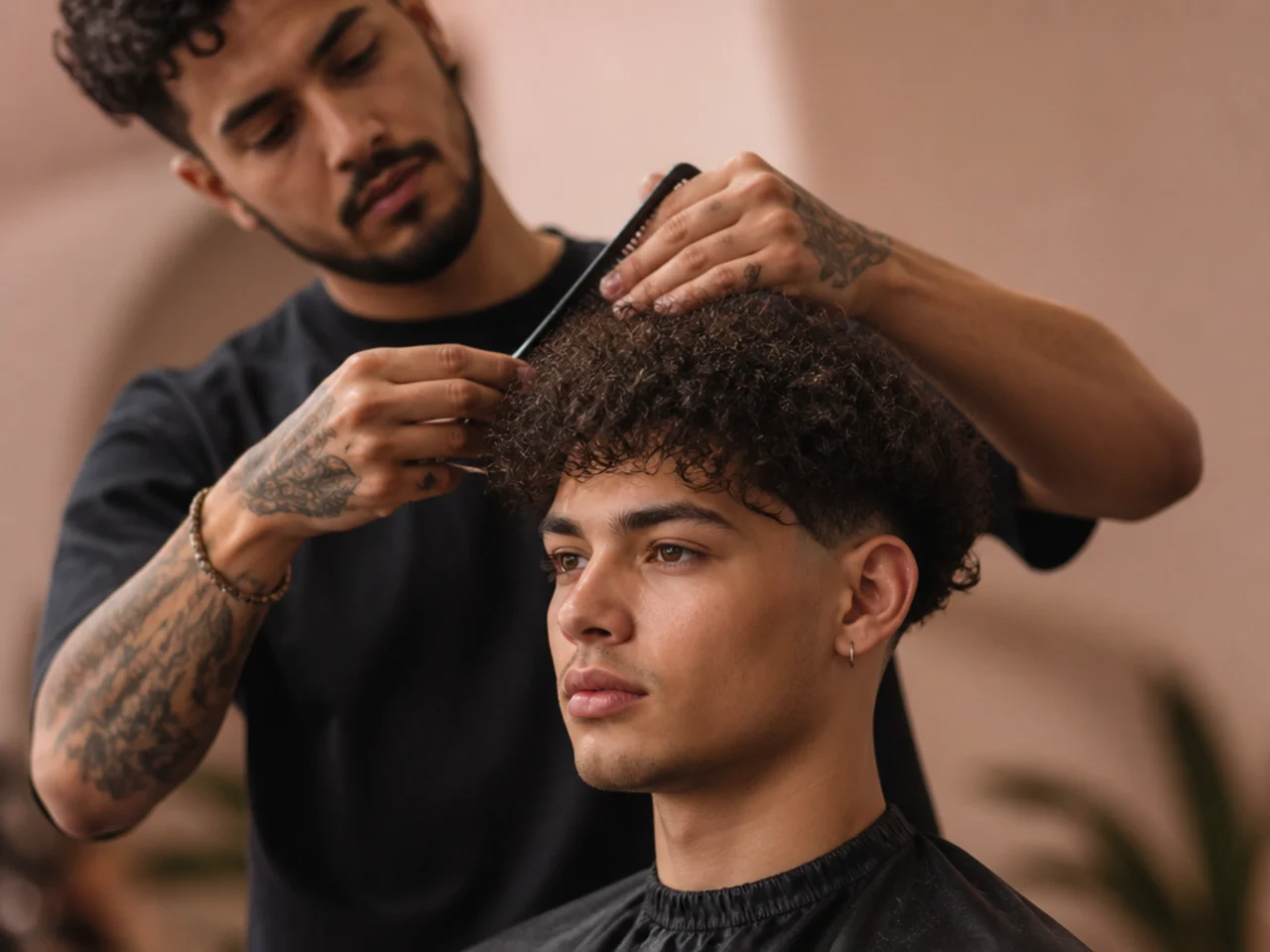 A barber dry cutting curly hair
