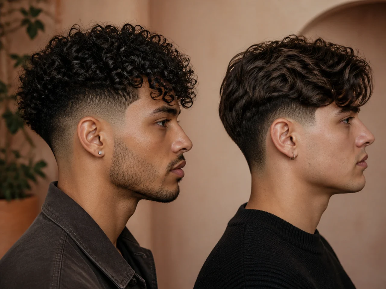 Layered curly hair next to blunt-cut wavy hair