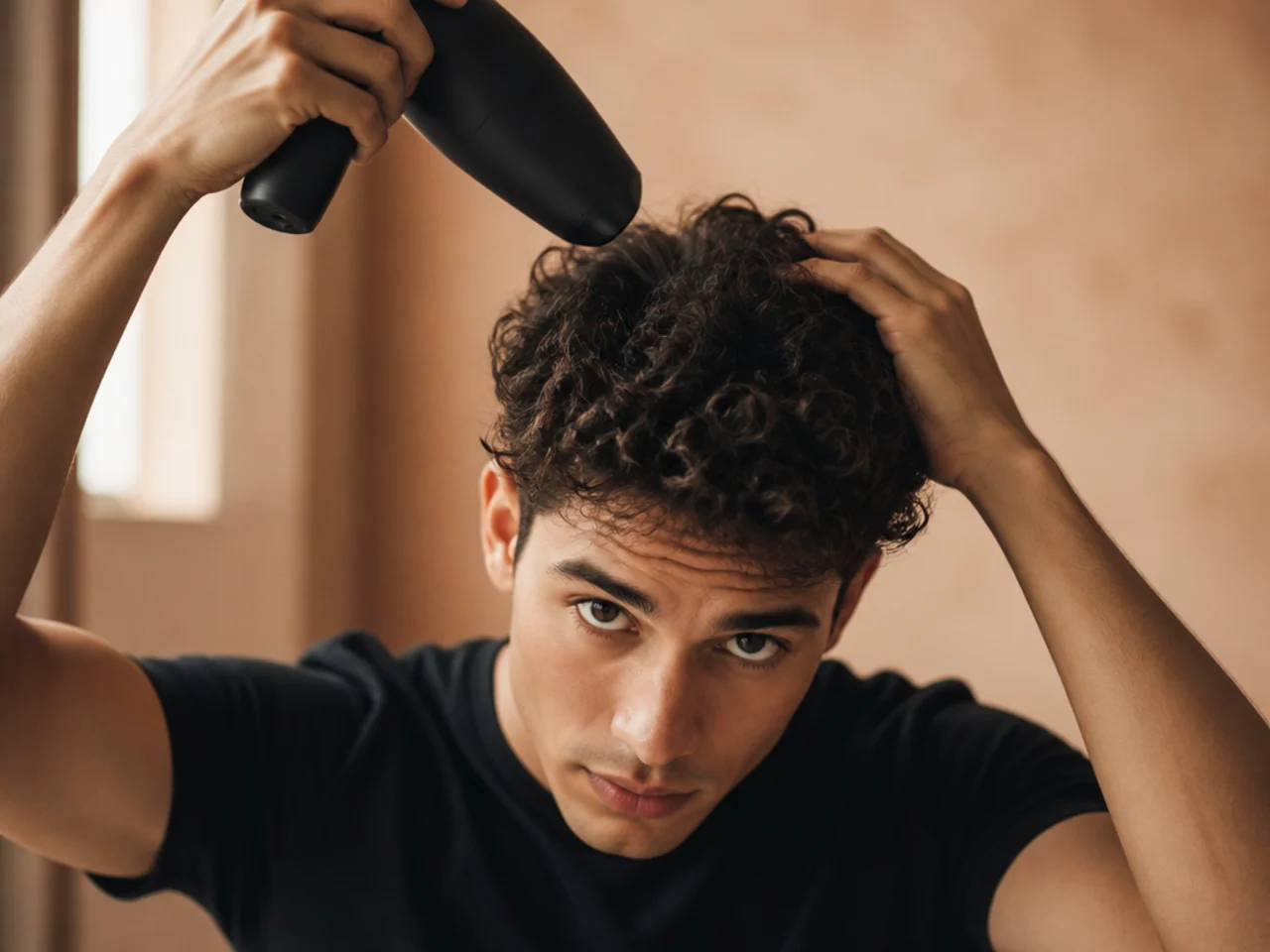 A man drying his hair head forward for root lift