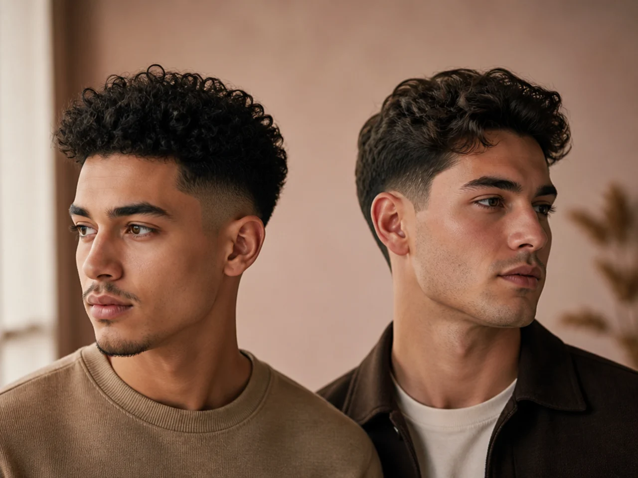 A faded curly haircut beside a tapered wavy one