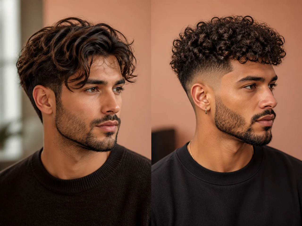 Side by side portraits of wavy and curly haired men