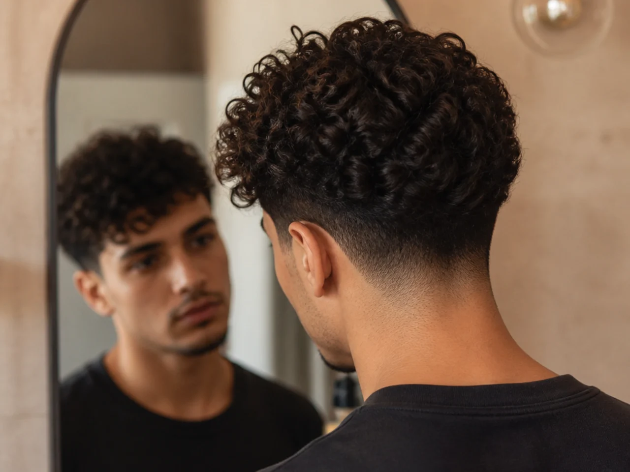 A man examining his air-dried hair in a mirror