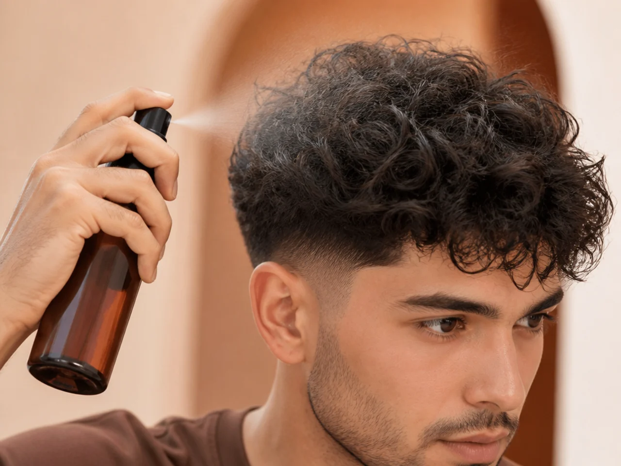 A man refreshing his hair with a water spray