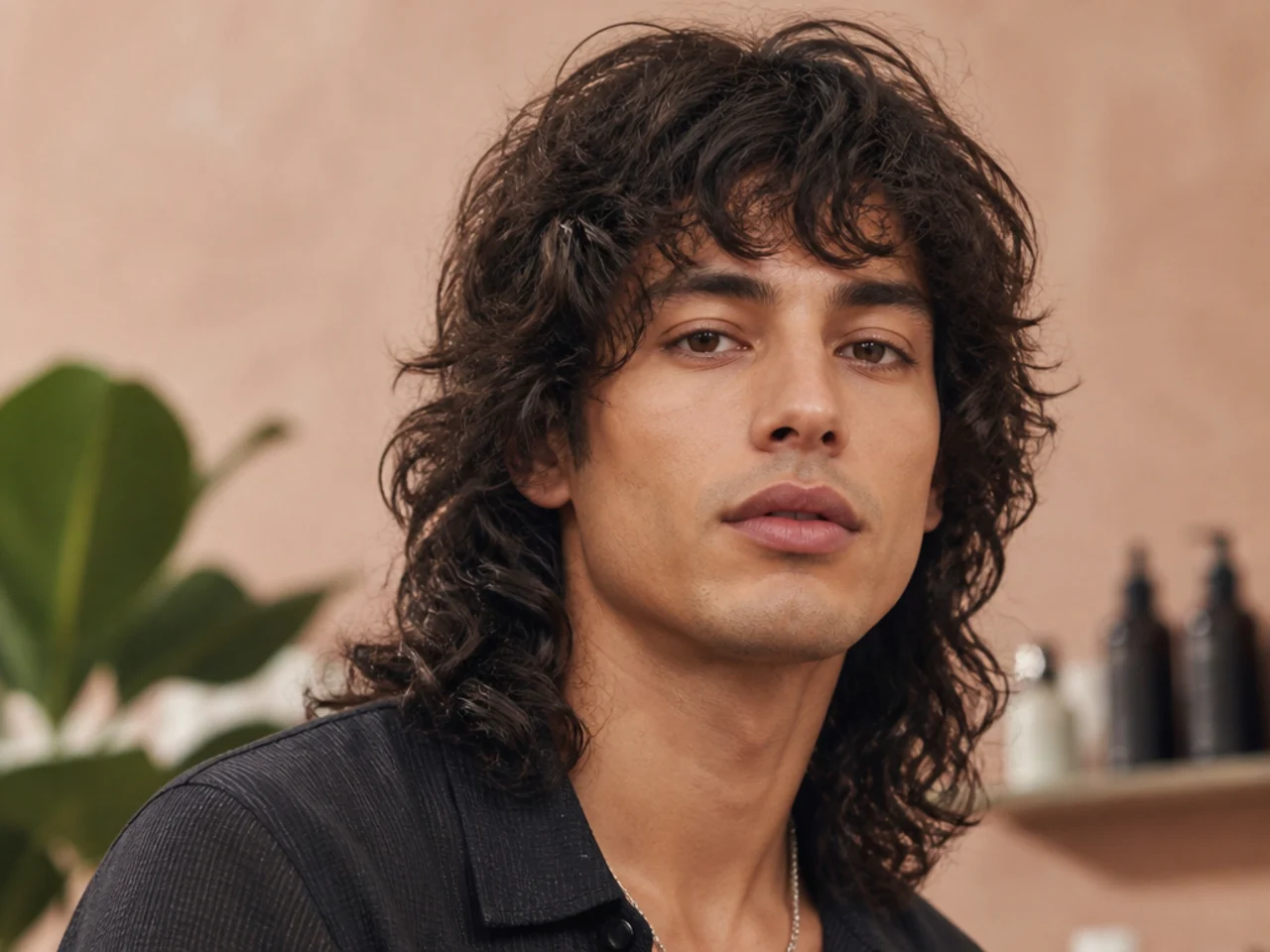 Long curly wolf cut with shoulder-length back and full crown volume on a man with 3B curls
