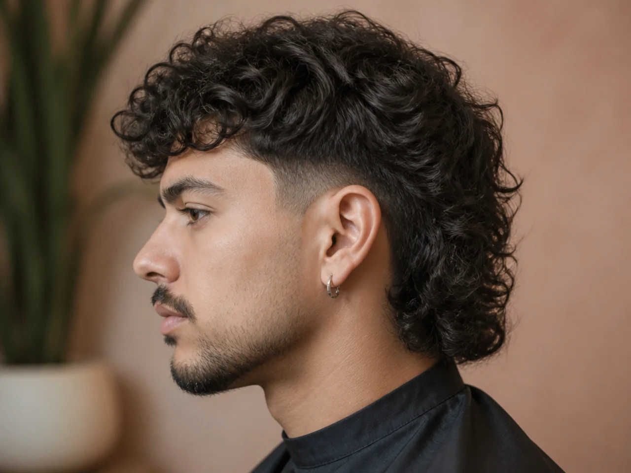 Curly wolf with low taper fade showing tight sides and layered curly top on 3B hair