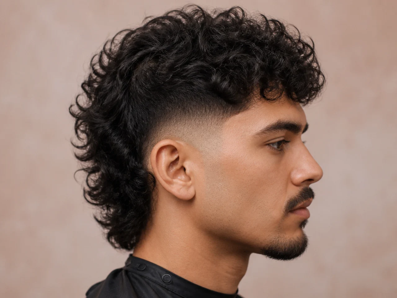 Curly wolf with mid fade blending at the temple with layered curly top and defined line