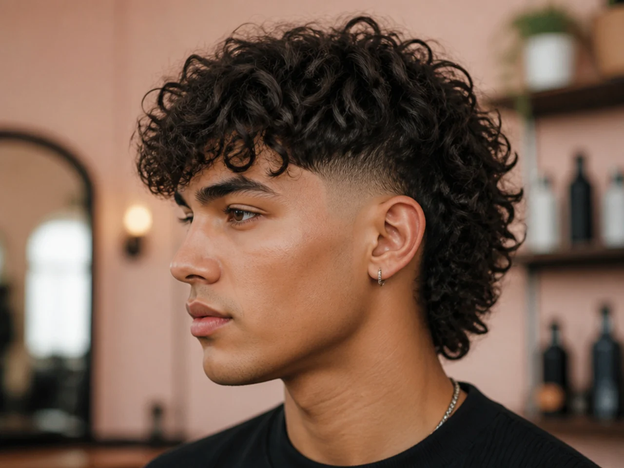 Curly wolf with burst fade curving in an arc around the ear with layered curly top