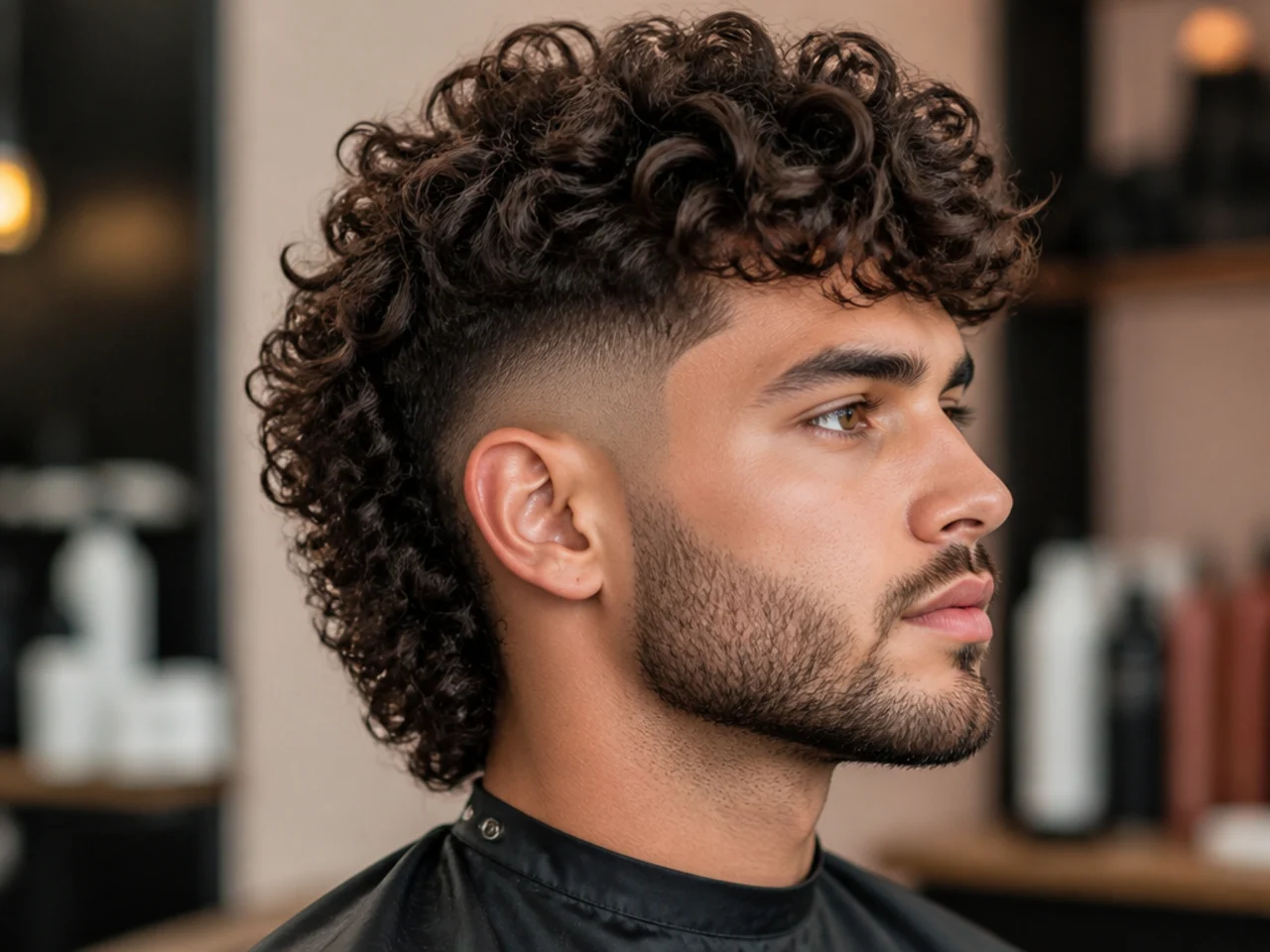 Curly wolf with skin fade showing high-contrast bald sides and voluminous curly top