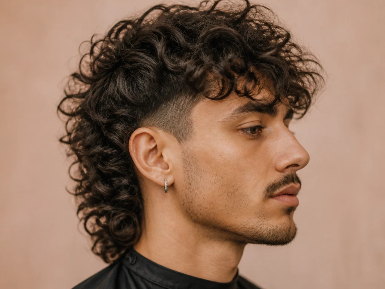 Curly wolf with disconnected undercut showing hard break between shaved sides and voluminous curly top