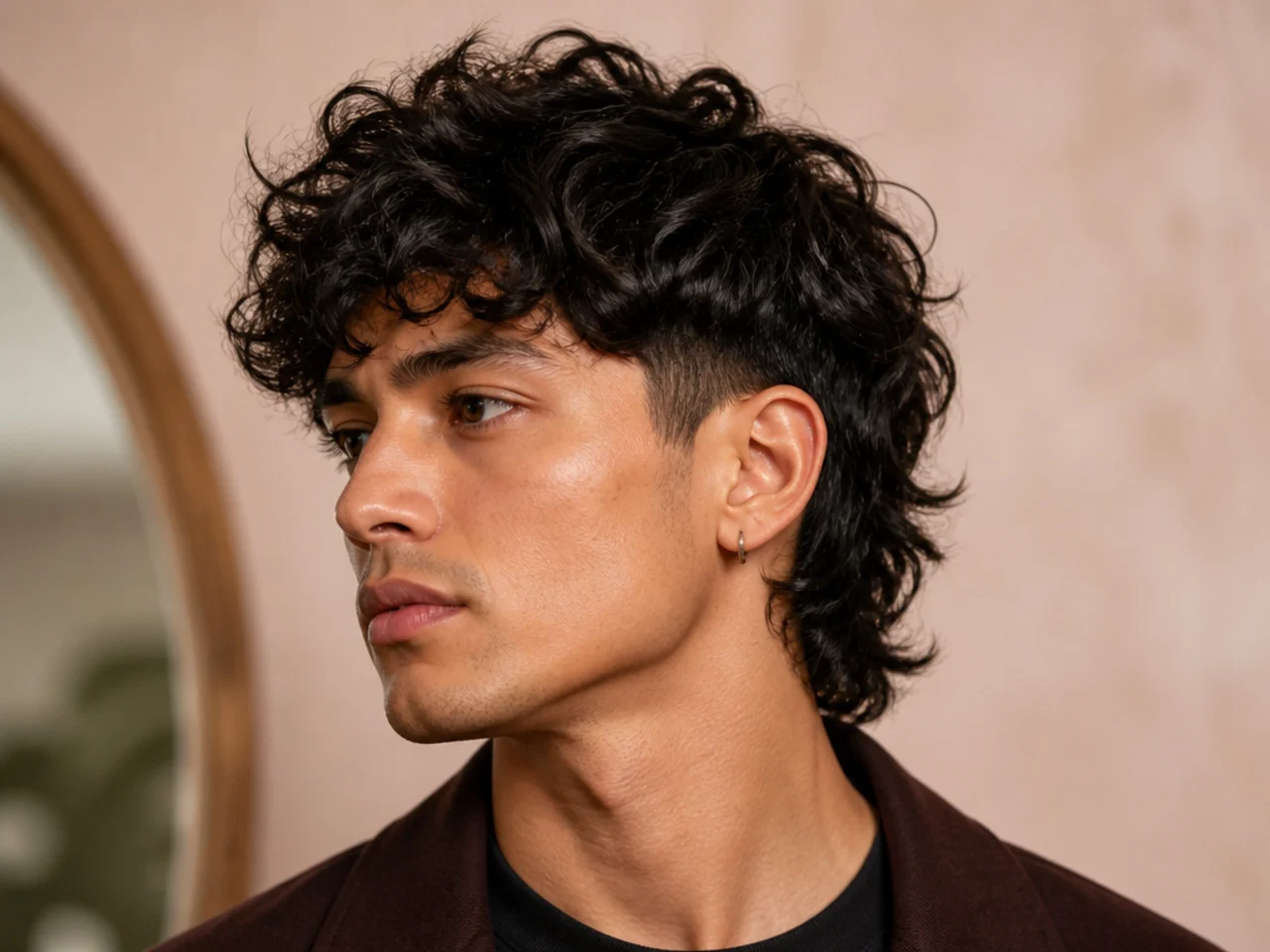 Curly wolf with two-block undercut hidden beneath layered curly top on a young man