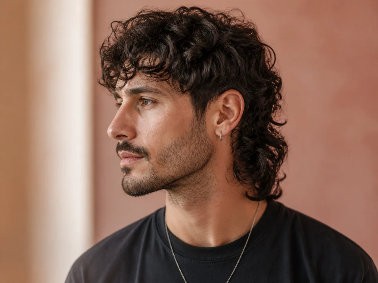 Curly wolf mullet hybrid with dramatic back length concentration and layered curly crown