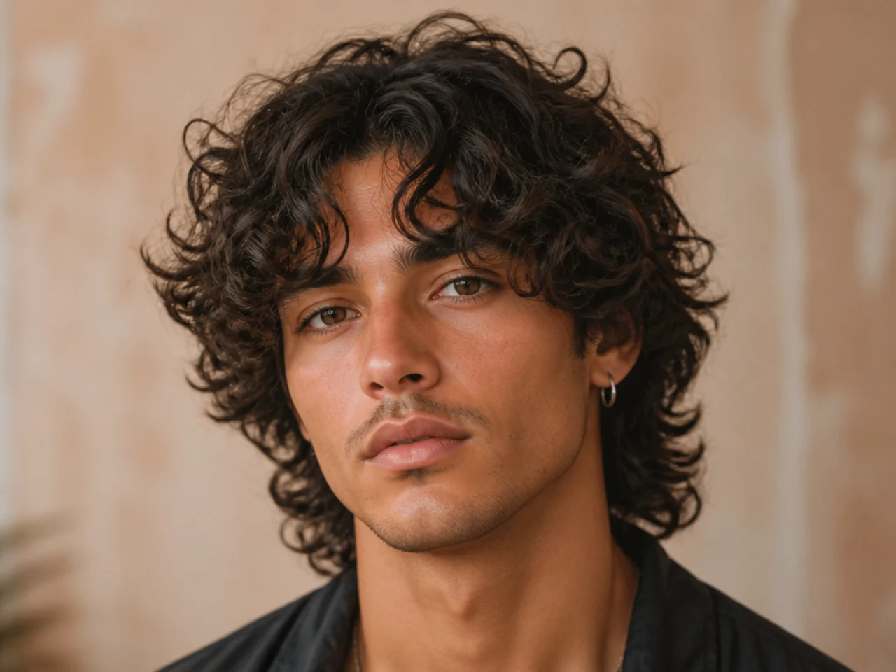 Curly wolf with curtain fringe parted at center over the forehead with defined 3B curls