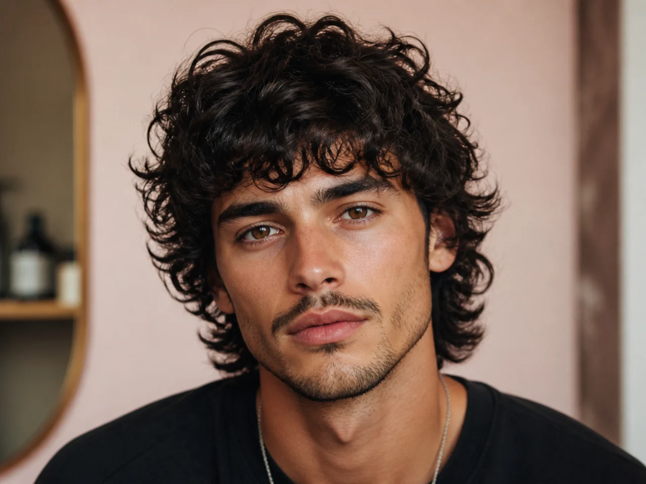 Curly wolf with piecey textured fringe falling over the brow with defined coils