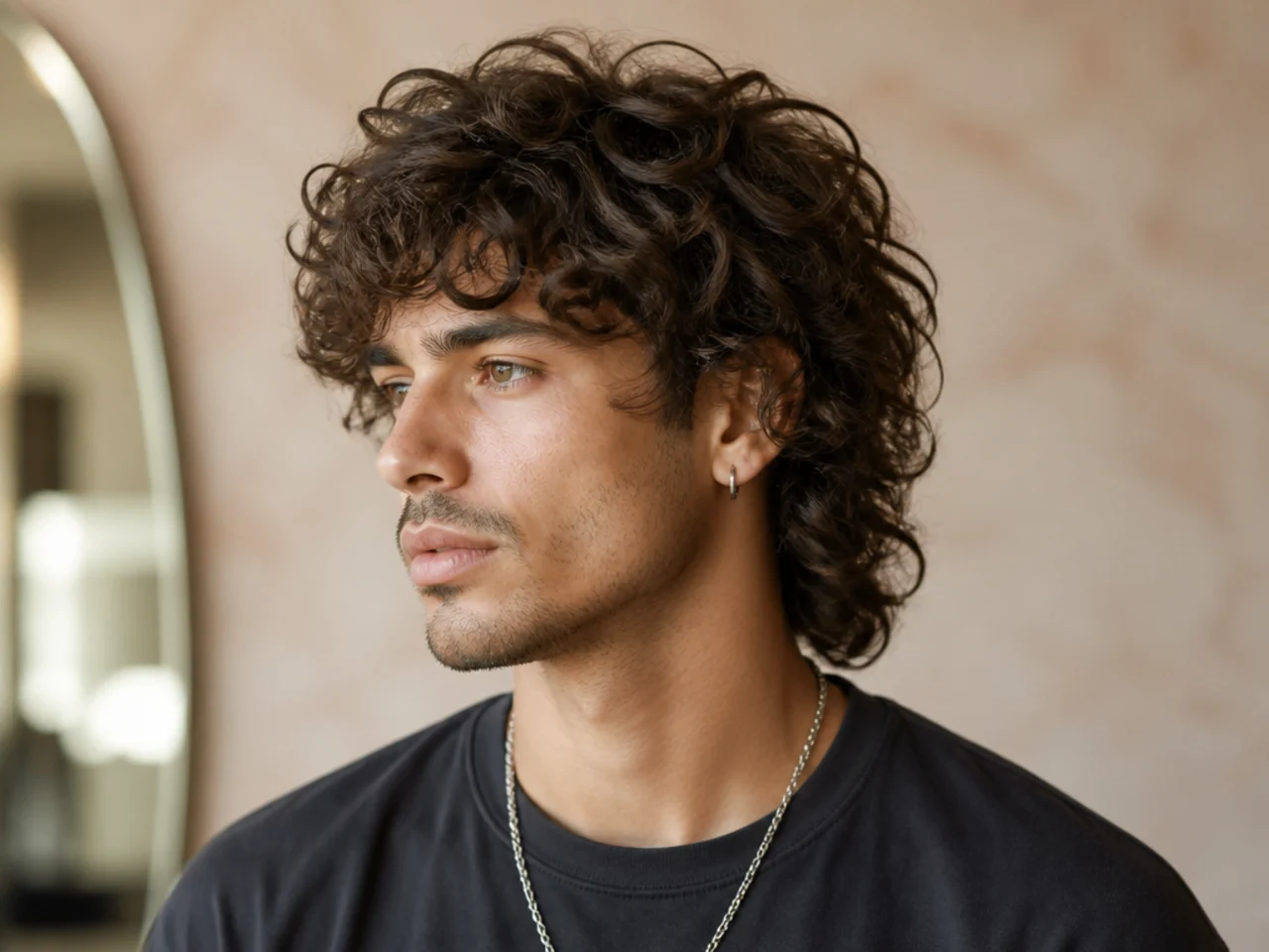 Loose 3A curly wolf cut with wide S-wave pattern and soft face-framing on a young man