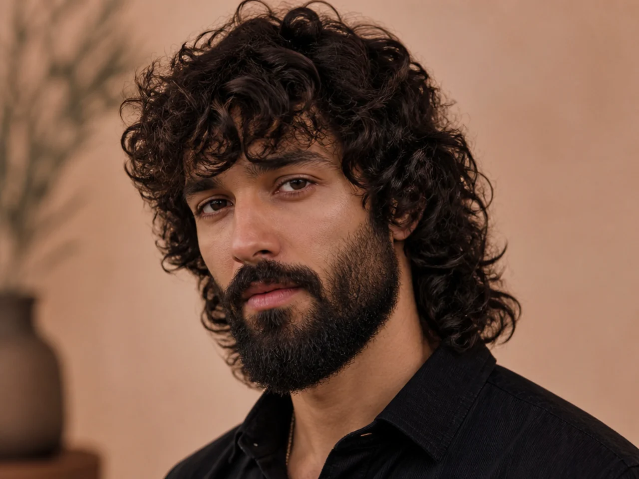 Curly wolf paired with full curly beard on a man in his late twenties with 3C coils