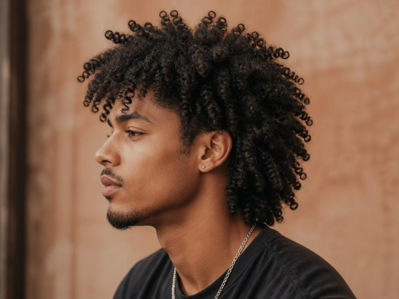 Coily 4C wolf cut with tight coil pattern and sculpted layered crown height on a Black man