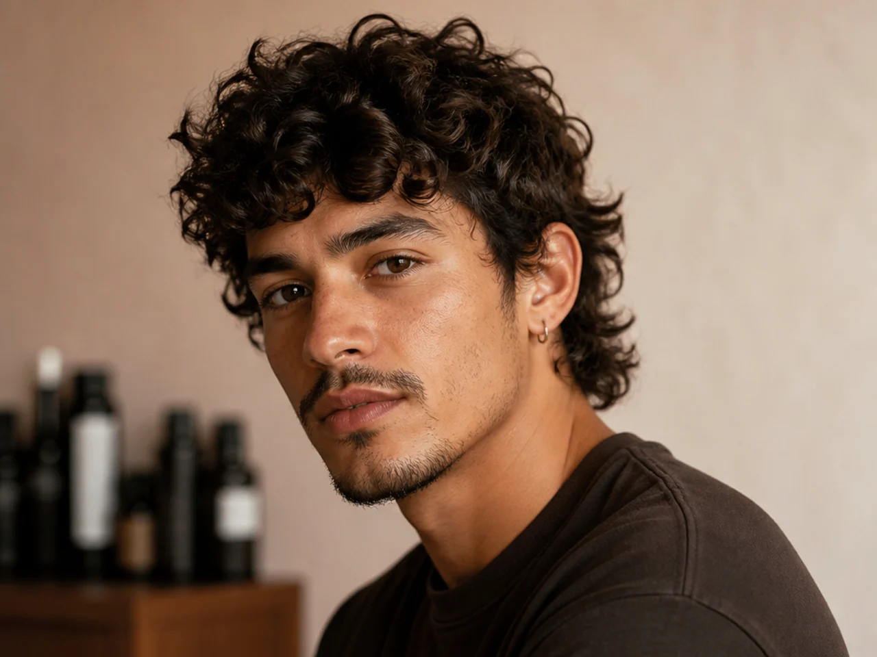 Short curly wolf cut with cropped layered top and feathered short back on a young man
