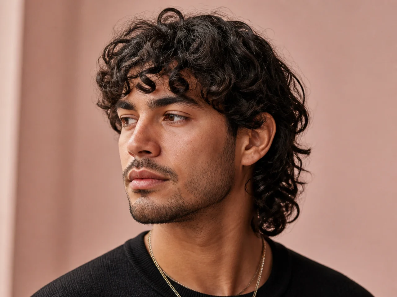 Medium curly wolf cut with mid-length back layers reaching past the collar on 3B curls