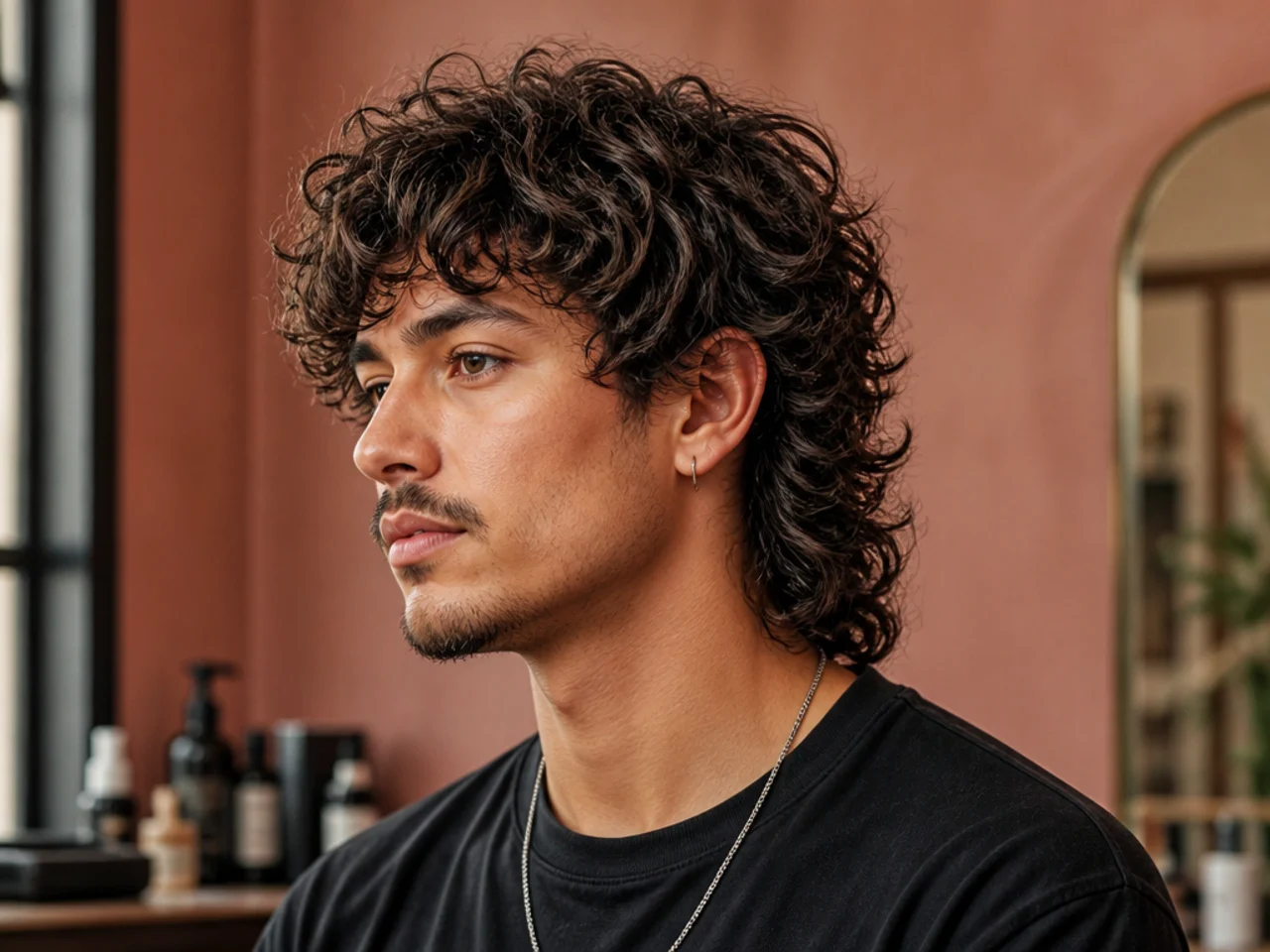 Barber and curly-haired client discussing curly wolf cut reference photos in a modern barbershop