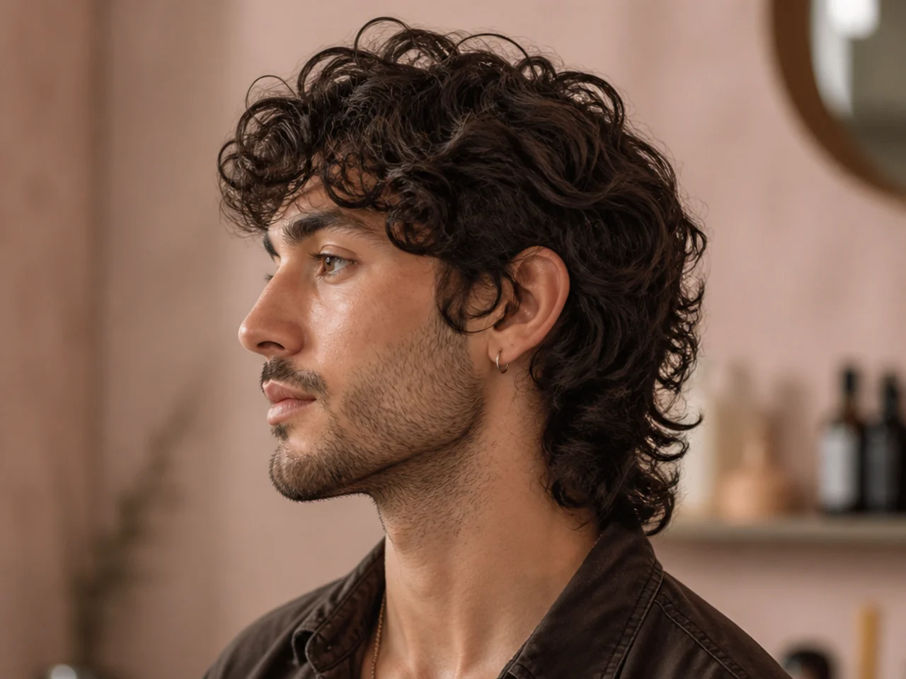 Three men with different curl types shown in curly wolf cut variations from loose 3A to tight 4B