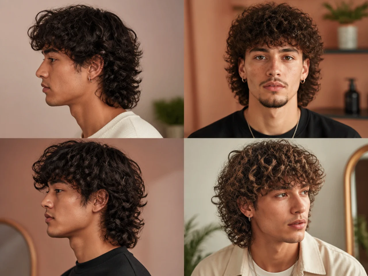 Styling products for a curly wolf cut laid out — leave-in conditioner, curl cream, defining gel, diffuser