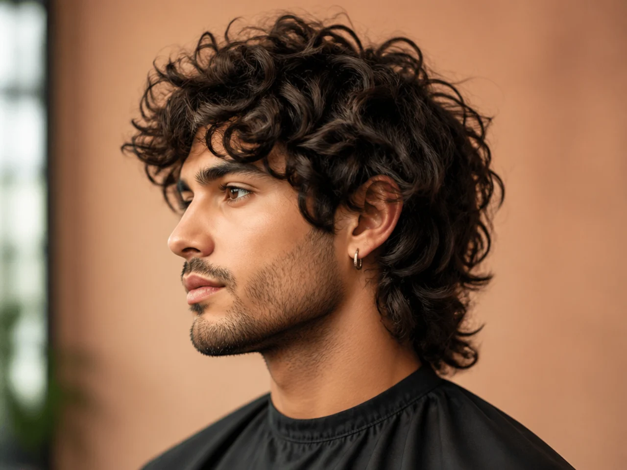 Side-profile of a curly wolf cut showing layered crown volume, face-framing curls, and feathered nape length on type 3 hair