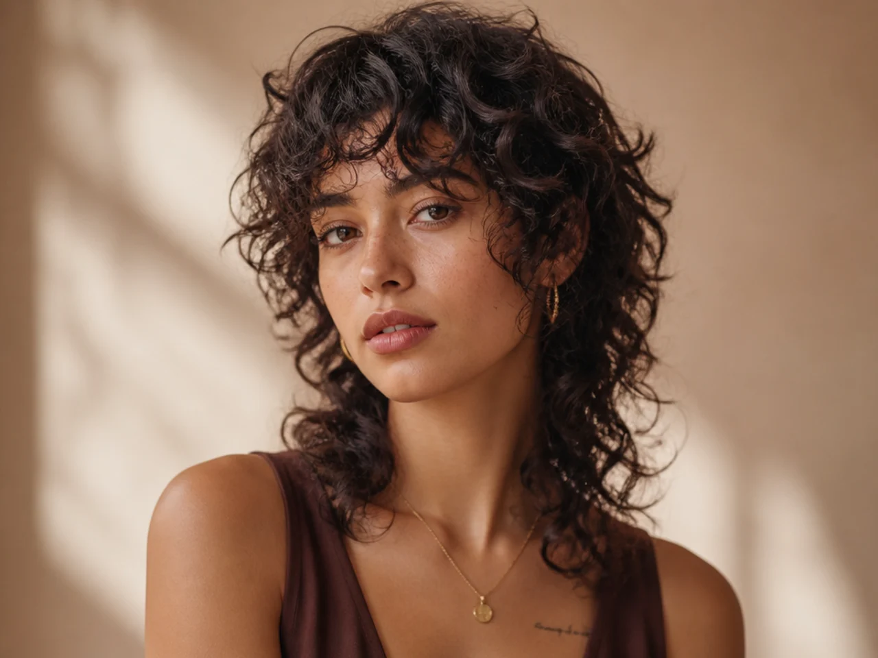 Curly wolf cut with face-framing coils