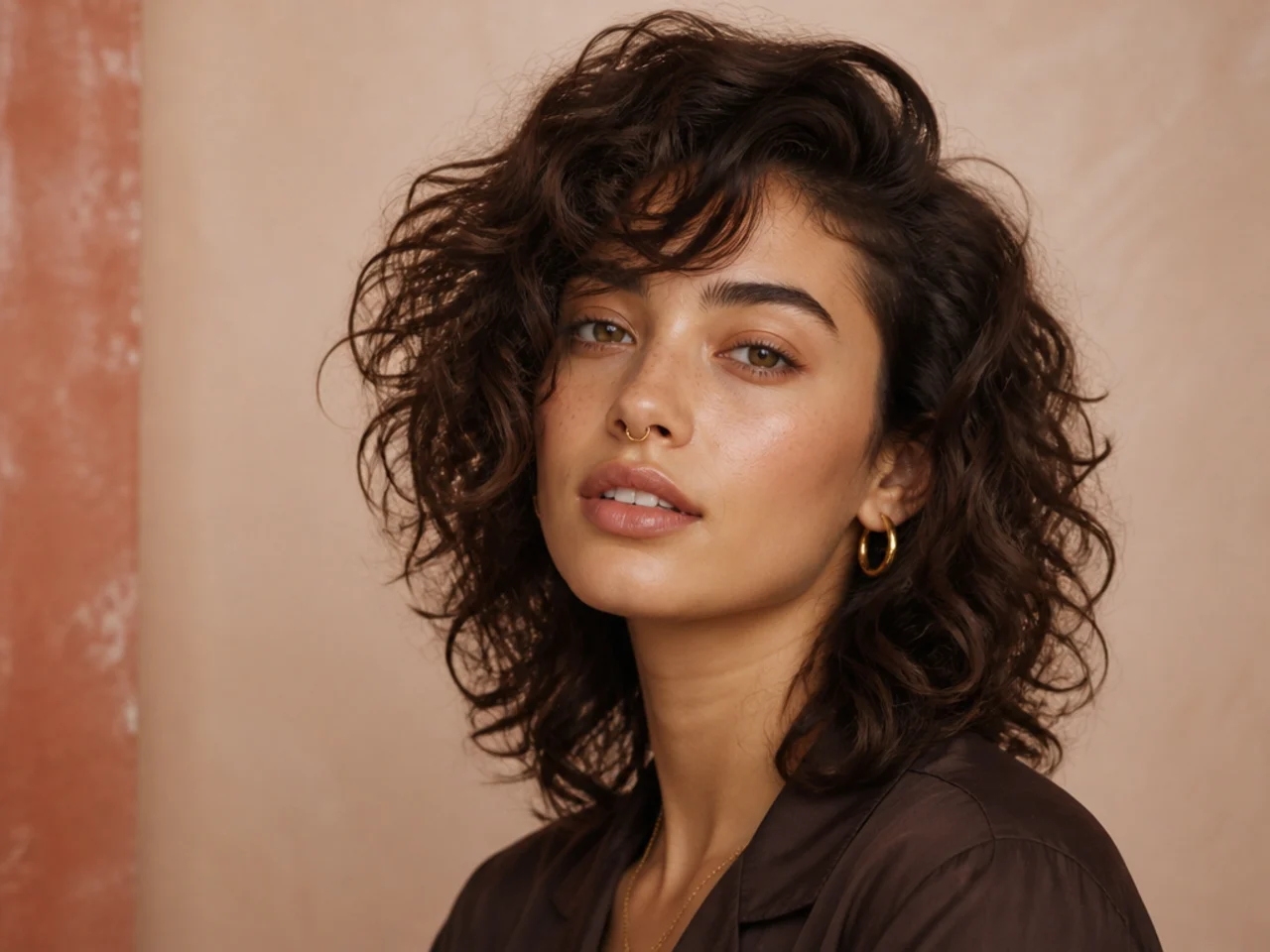 Curly wolf cut with a deep side parting