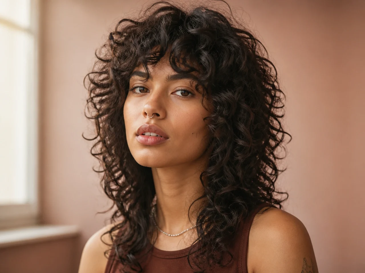 Curly wolf cut dried with a diffuser for volume