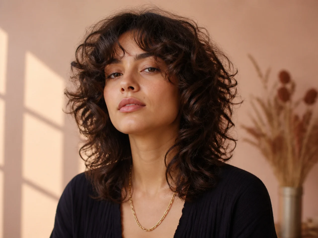 Curly wolf cut with curtain bangs