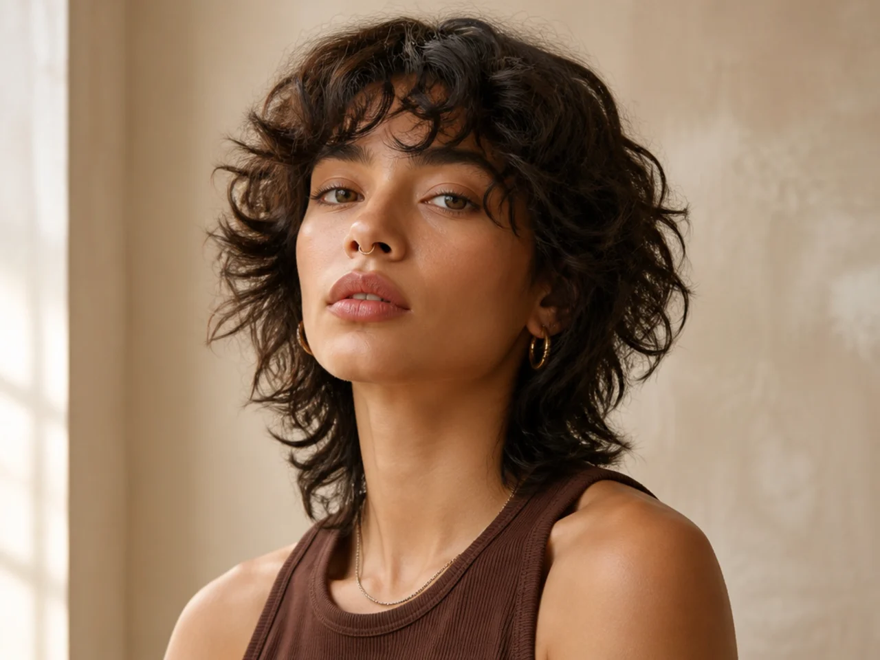 A subtle curly wolf cut with light layering