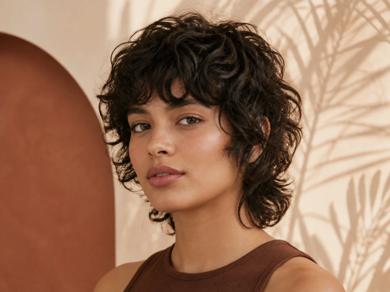Short curly wolf cut at jaw length
