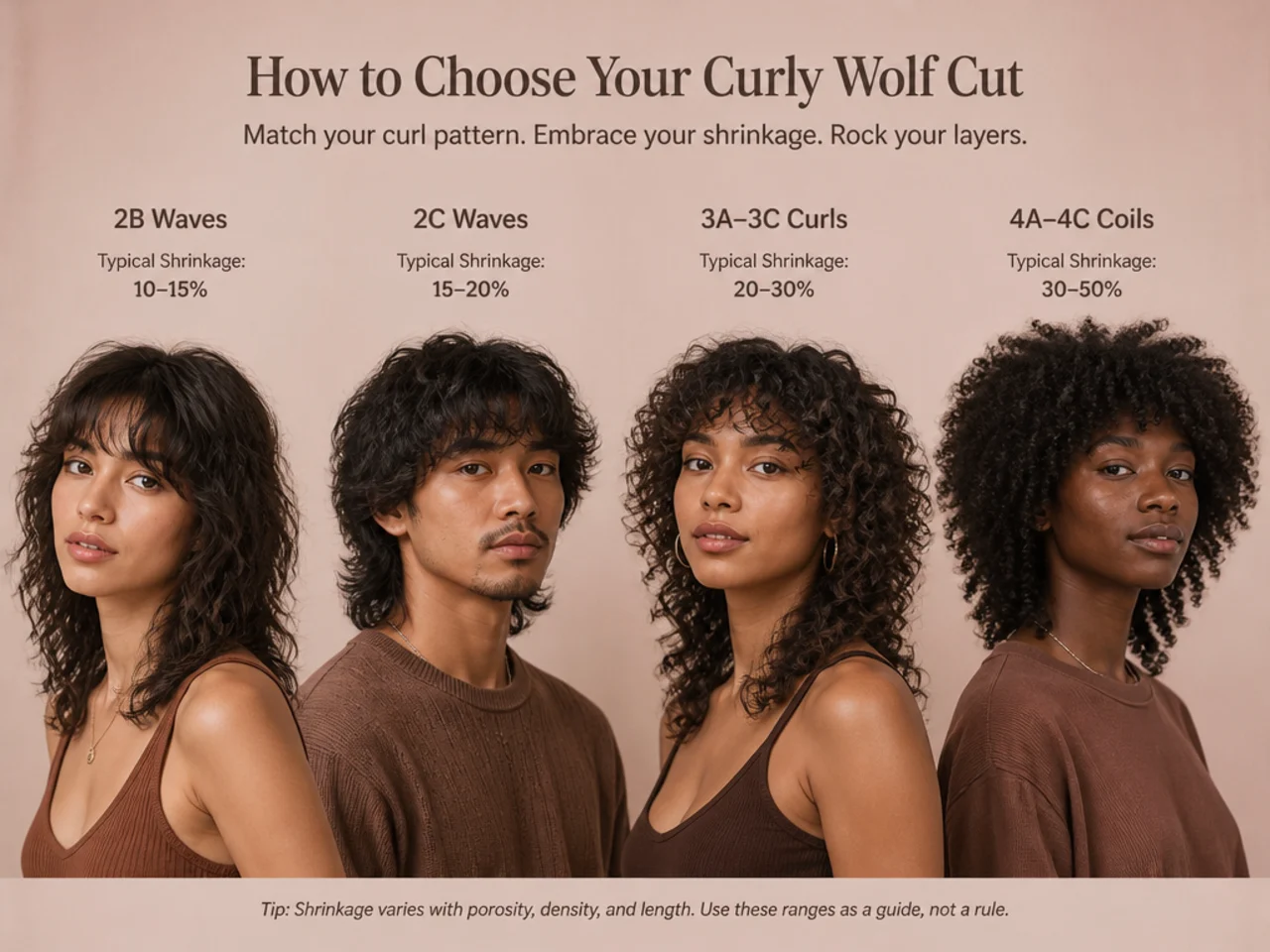 Curl types 2B through 4C labelled with typical shrinkage