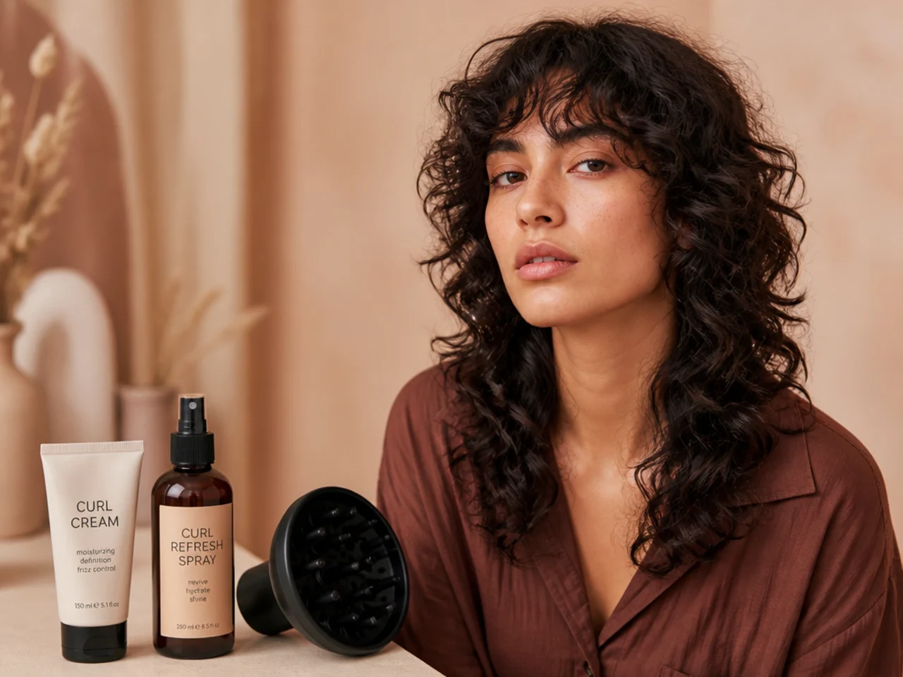 Curl cream, a spray bottle and a diffuser laid out for curly styling